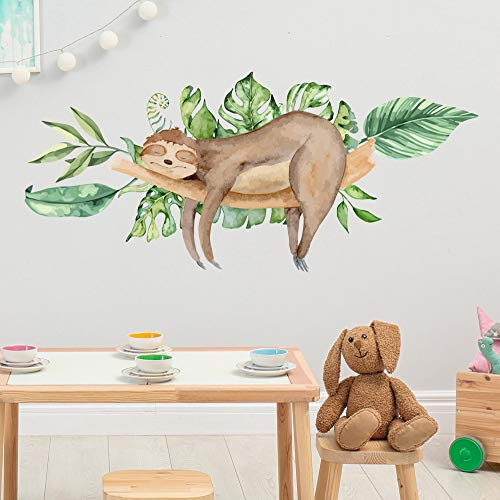 FAULTIER auf dem Ast mit Blätter Wandtattoo | Aufkleber Kindergarten | Wandsticker Kinderzimmer Babyzimmer Wand Deko (100 x 100 cm)