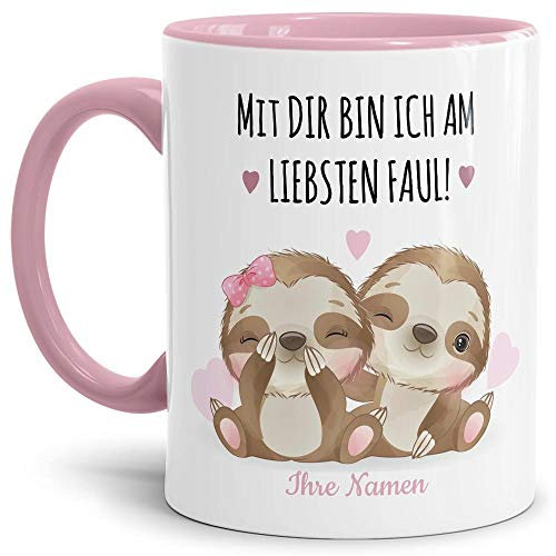 Tasse Faultier mit süßem Spruch - personalisierbar mit Wunschnamen - Geschenkidee für Partner oder Partnerin - Innen & Henkel Rosa, 300 ml
