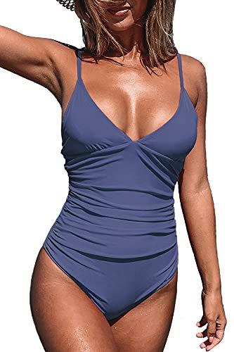 CUPSHE Damen Einteiler Badeanzug Triangel V Ausschnitt Monokini Raffung Bauchweg Unifarben Swimwear Bademode Swimsuit Dunkelblau M