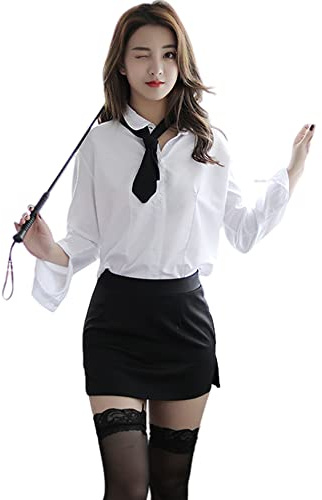 SINGUYUN Sexy Büro Sekretärin Kostüm für Damen Dessous mit Socken (8053 Weiß Schwarz)