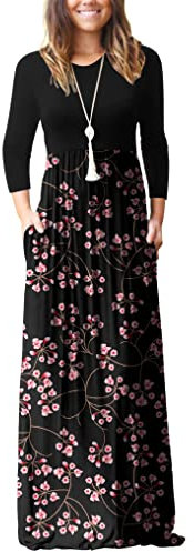 GRECERELLE Women's Casual Maxi Dress Long Sleeve Long Dresses with Pockets and Sleeves for Ladies (FP Mantian March Red, L)
