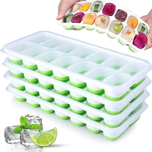 4 Pack Eiswürfelform mit Deckel, JRISBO Silikon Eiswürfelbehälter BPA Frei und LFGB Zertifiziert Sicher, 4×14 Stapelbar & Luftdicht Ice Cube Tray für Gefrierschrank Babybrei Whisky