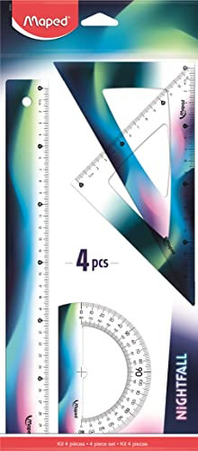 Maped - 4-teiliges Nachfolge-Set – Lineal 30 cm + Winkel 60 ° / 21 cm + Winkel 45 ° / 21 cm + Winkelmesser 180° Basis 12 cm – Ergonomische und leichte Instrumente