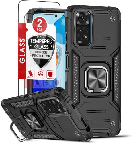 LeYi Rugged Armor für Xiaomi Redmi Note 11 (6.43)/Note 11S Hülle mit 2*Panzerfolie, Militärischer Handyhülle Stoßfest Kratzschutz Hybrid Schutzhülle Hardcase Case mit Metall Ständer Schwarz