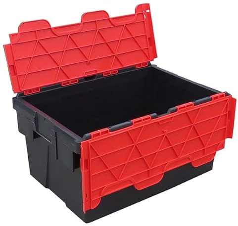 Pack of 5 - Plastic 55 Litre Heavy Duty Storage Box Tote Crates (60 x 40 x 30.6cm) Plastor Black with Red Attached Hinged Lids