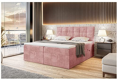 MEBLINI Boxspringbett mit Bettkasten - Gepolstert Doppelbett mit Matratze und Topper - Polsterbett mit Stauraum - Bett mit Kopfteil - Stauraumbett - Drago - 120x200 - H3/Rosa Samt