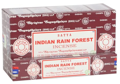 Satya Incense Sticks 12x15 gm per box. Genuine Massala Hand Rolled Product with 3 colour seal on the box (Indian Rain Forest)