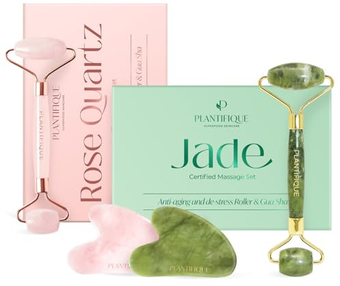 PLANTIFIQUE Jade Gesichtsroller und Gua Sha Stein Set für Lymphdrainage und Massage Gesicht, Augenroller & Rosenquarz Gesichtsroller und Gua Sha Stein Set für Gesichtsmassage und reduziert Schwellung