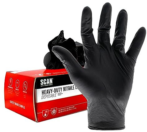 Scan SCAGLODNHDL Heavy-Duty Nitrile Gloves Disposable Black Large 100 Pack