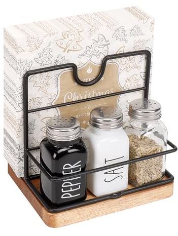 Livabber Serviettenhalter, Metall-Serviettenaufbewahrung mit Salz- und Pfefferstreuer, Caddy, moderner Serviettenspender für Tisch, Küche, Arbeitsplatte, Salz- und Pfefferstreuer (Mittelholz, Schwarz)