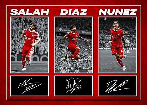 RJR Prints Mo Salah, Luis Diaz & Darwin Nunez Liverpool Torfeier, signiert, A4 Montage, Fotodruck, vorgedruckte Signatur, Autogramm, Fußballgeschenk
