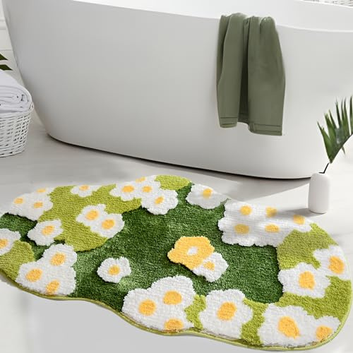 Yhoelata Langer Badezimmerteppich, Läufer, niedliche Pflanzenwaldblumen, Badematte, grüner, ästhetischer Plüsch-Dekor-Teppich, weich, saugfähig, rutschfester Teppich für Schlafzimmer, Badewanne