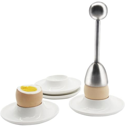 Chase Chic Egg Cup 4pcs Set pour œufs Mollets, coquetier en Porcelaine avec découpe-œuf en Acier Inoxydable pour Le Petit-déjeuner, Le déjeuner Cercle