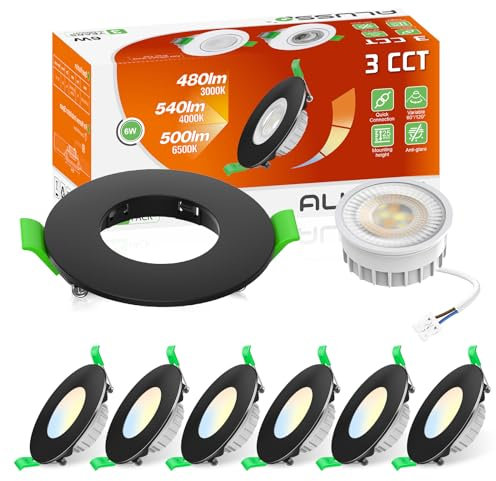 ALUSSO LED Einbaustrahler 230V 68mm, 6W Einbaustrahler LED Flach 3CCT Warmweiß 3000K Naturweiß 4000K Kaltweiß 6500K, IP44 Einbaustrahler LED Dimmbar für Küche Badezimmer Wohnzimmer 6er-Pack Schwarz