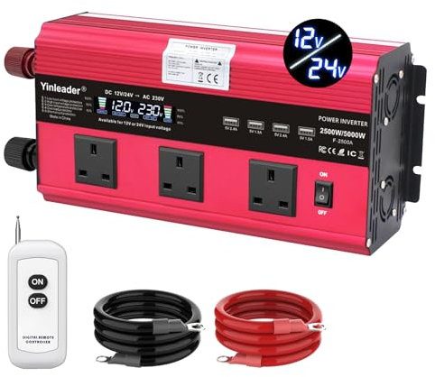 Yinleader Power Inverter 2500W /5000W DC 12V/24V to AC 240V Converter Big LCD Display 3 UK sockets 4 USB -Suitable for Travel, Camping, RV