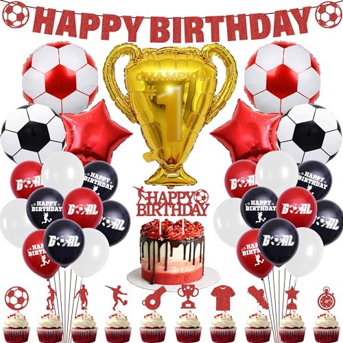 Football Party Decorations - Red and White Football Birthday Decoration Set Includes Banners, Football Cake Topper, Football Balloons, Trophy Balloons Suitable for Boys Sports Theme Party Supplies
