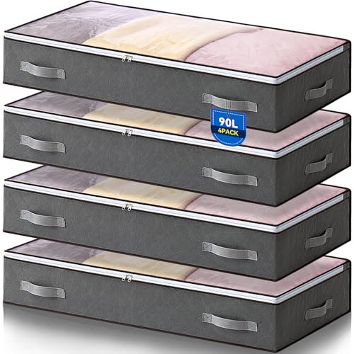 Boic 4 Pack Under Bed Storage Boxes With Lids, 90L Underbed Storage Organiser For Clothes, Comforters, Blankets & Bedding