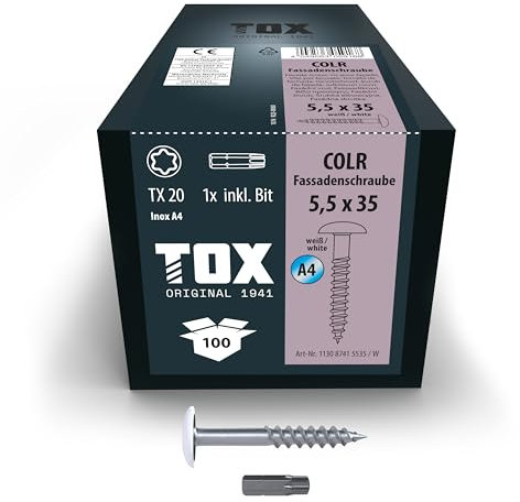TOX Tornillos de fachada COLR 5,5 x 35 mm, tornillos para paneles de fachada de acero inoxidable A4 con cabeza de chapa de color, 100 piezas en una caja, incl. 1x broca, 113087415535/W