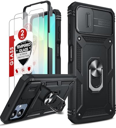 LeYi Handyhülle für Samsung Galaxy A06 Hülle [2 Hartglas Schutzfolie] Hybrid Metall Ring Ständer Cover Kameraschutz Case Kamera Schiebeabdeckung Schutzhülle Militär A 06 4G Handy Hüllen Schwarz