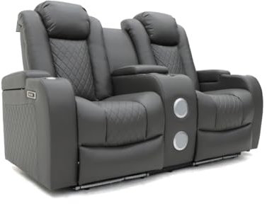 sleepkings Tech 8 Smart 2 Seater Cinema Electric Recliner Sofa, Grey Aire Leather, Reclining, Massage, Heating, Bluetooth Speaker, 176 cm Length