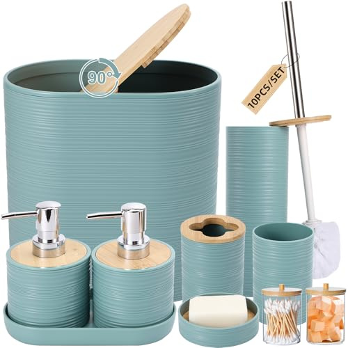XLHOMO Blaues Badezimmer-Set, hellblaues Badezimmer-Zubehör-Set mit Mülleimer, 2 Seifenspender, Seifenschale, Zahnbürstenhalter, Zahnbürstenbecher, WC-Bürste, Tablett und Qtip-Halter für