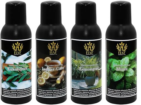 HAF Saunaaufguss Set „Frische Briese“ - 4 x 250ml Sauna Aufgussmittel Eukalyptus, Ingwer-Citro, Lemongras, Minze - Saunaduft mit natürlichen ätherischen Ölen & ohne Zusätze