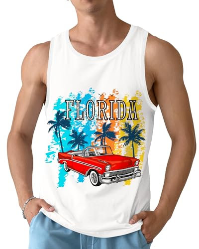 Mens Beach Tank Tops Sleeveless Shirts for Men Summer Hawaiian Graphic Mens Tank Top Workout Gym Shirts Palm Tree Tops, Florida, Large