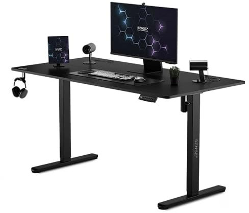 SENSE7 NOJO elektrisch höhenverstellbarer Schreibtisch 140x70 PC & Gaming Tisch mit Speicherfunktio Kabelwanne und Kopfhörerhalter Leise Höhenverstellung für deinen perfekten Stehschreibtisch Schwarz