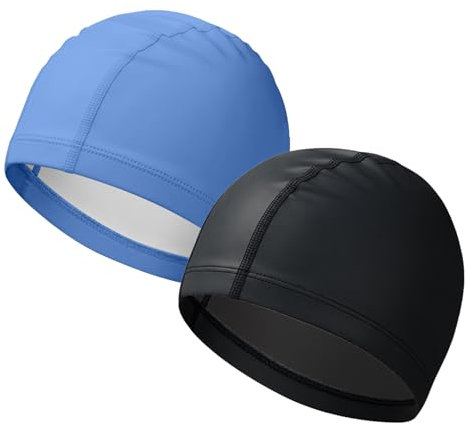 ATSNOSH 2 Piezas Gorro de Natación para Hombres y Mujeres, Gorro de Natación de Tejido, Gorros Elásticos de Natación, Cómodo Gorros Ligeros de Baño, Impermeable, Talla Unica (Negro+Azul)
