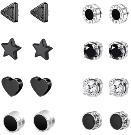 8 Paare Edelstahl Magnetische Ohrstecker Silber Schwarz Ohrstecker Set Kreis/Dreieck/Kreuz Magnet Ohrringe Magnetische OhrringeSet Für Männer Herren Jungs