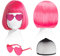 SAIIURV 3 Stücke Bob Perücke Wig Cabaret Pagenkopf Pagen Charleston, Synthetische Neon Perücke Frauen Bob Wig mit Neonbrille und Haarnetz, Perücken für Karneval Fasching Motto Party Themenparty (Rosa)