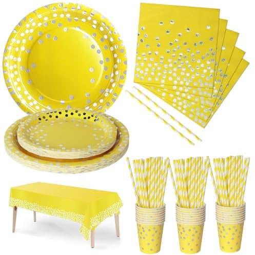 Nkaiso 126 Pezzi Giallo e Argento Stoviglie per Feste, Festa Decorazioni Set Include Piatti di Carta Tovaglioli Tazze di Carta Cannucce Tovaglia,per Nuziale Matrimonio,Compleanno -25 Ospiti