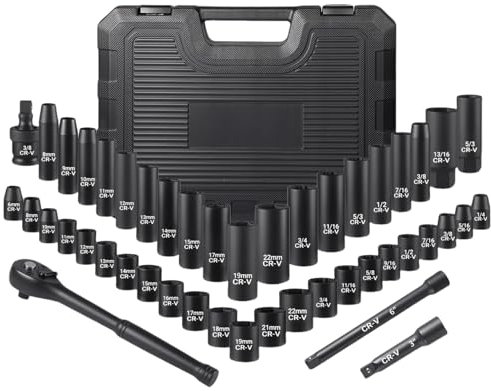 Camiraft 3/8 Drive Impact Socket Set, 46 Piece Standard SAE and Metric Sizes (5/16-Inch to 3/4-Inch and 8-22 mm), 6 Point, Cr-V Steel Socket Set