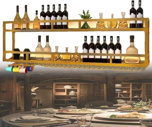 XIAGJAO Industrial Wall Mounted Wine Rack, Wall Mounted Bottle Rack, Alcohol Bottle Storage Unit, Restaurant, Wine Cellar and Home Bar,N(Size:150x20x55cm,Color:Gold)