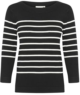 KAFFE Women's Pullover Boat Neck 3/4 Sleeves Slim Fit Soft Knit, Black W Chalk Stripe, M