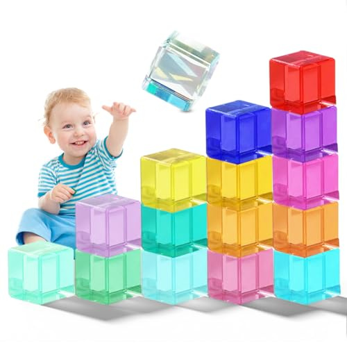 Regenbogen Bausteine Set,Jelly Blocks aus Acryl,Bunte Acryl-Bausteine für Kinder, Edelsteinwürfel Stapelspielzeug,Sensory Toys für Kinder,16 Bunte Sensorik-Bauklötze