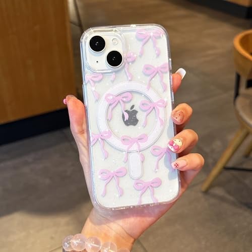 UEEBAI Magnetisch Hülle für iPhone 15, Niedliche Glitter Tansparent Handyhülle mit Schleife Schutzhülle mit Kabelloses Laden, Weiche Bumper Cover Case für Frauen Mädchen, Glitzer Rosa