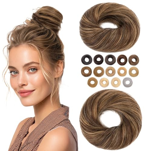 MY-LADY Haarteil Mit Gummiband Dutt Haarteil Haargummi Mit Haaren Glatt 100% Echthaar, Hochsteckfrisuren Haarverlängerung für Damen Mädchen (#2P6 Dunkel Braun/Hellbraun,17g)