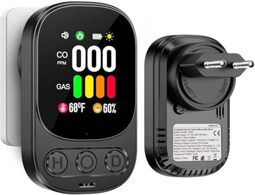 Gedsffati Gas- und CO-Melder mit Stecker für Haus, Gasmelder Gasalarm, Kohlenmonoxidmelder CO-Warner Warnmelder Zuhause, Brenngasmelder für Erdgas LPG Methan Propan Butan, Schwarz, HD08-G-B