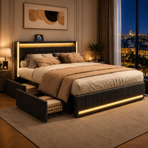 LIVLUX Bett 180 x 200 cm mit LED- und USB-Bett, gepolstertes Doppelbett mit Lattenrost und 4 Schubladen, Doppelbett für Erwachsene und Jugendliche, Leinen (Grau, 180 x 200 cm)