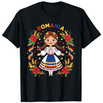 Cute Romanian Girl in Traditional Dress for Kids Romania T-Shirt