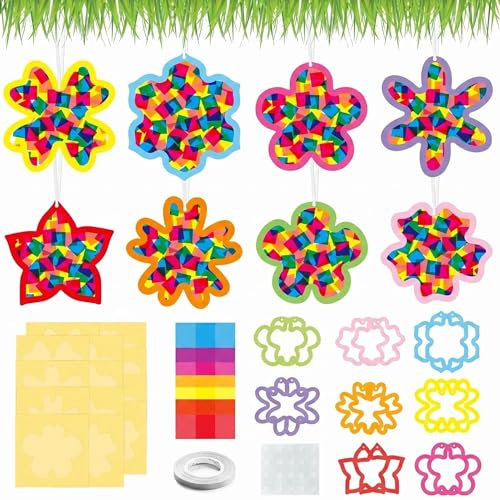 SiumPklay Blumen Fensterbilder Bastelset, 16 Stück DIY Frühlingsdeko mit Fensterbilder Schablonen, Konfetti & Kleber, Bastelset für Fensterbilder Basteln und Frühlingsdekoration