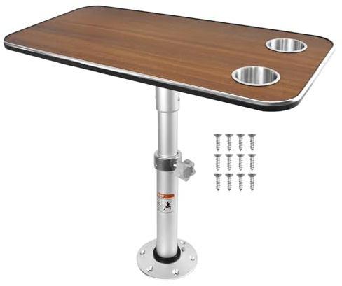 KAMRVLAAI Wohnmobil-Tischplatte mit verstellbarem Standbein, 800 x 400 mm, höhenverstellbarer Wohnmobil-Tisch mit zwei Getränkehaltern, Aluminium-Basis für Wohnmobil, Van, Boot, Yacht, Wohnmobil