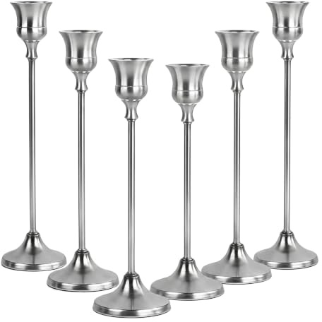 6pcs Silberne Metall Kerzenständer,16/19/23cm rutschfestes Set,Kerzenhalter | Dekorationsset für Hochzeit, Weihnachten und Wohnzimmer