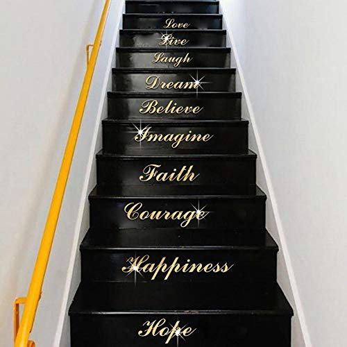 10 Pcs Stair Stickers Wall Acrylic Mirror Effect Word Art Stair Decals Design DIY Self-Adhesive Decoration Removable Wallpaper for Home Living Room Bedroom Bathroom Kitchen Decor Mural Quotes (Gold)