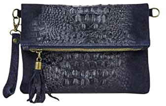 OBC Made in Italy Damen echt Leder Clutch Tasche Kroko Wildleder Handtasche Umhängetasche Ledertasche Schultertasche Fransen Cross-Over Dunkelblau/Navy