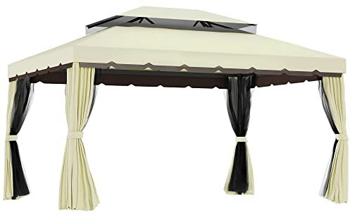 Outsunny 4 x 3 m Aluminum Garden Gazebo, Double Roof Outdoor Gazebo Canopy Shelter with Netting & Curtains for Garden, Lawn, Backyard and Deck, Cream