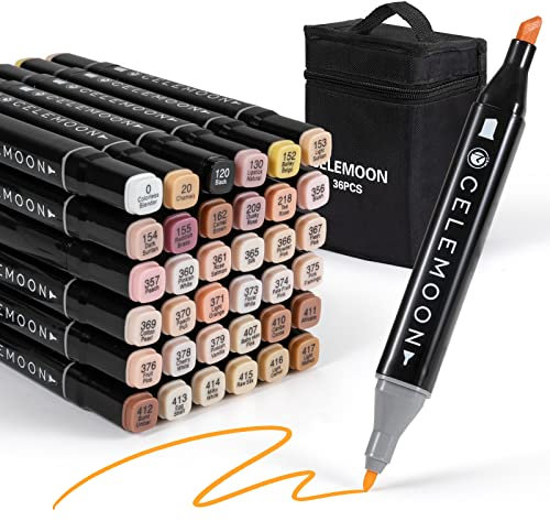 CeleMoon 36 Skin Tone Colors Dual Tips Sketch Art Alcohol-based Markers Pens, Fine & Broad Chisel for Coloring, Drawing, Illustration, Cartoon Hair Shades