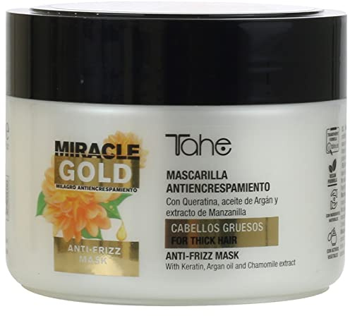 Tahe Miracle Gold Mascarilla Antiencrespamiento para Cabellos Gruesos con Queratina, Aceite de Argán y extracto de Manzanilla (300 ml)