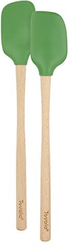 Tovolo Mini Spoon Spatula Wooden Handle Set for Cooking & Baking, Heat Resistant Safe for Cast Iron BPA Free Silicone Mixing Tool Natural Wood Perfect for Scraper Mixing Spooning, Pesto Green